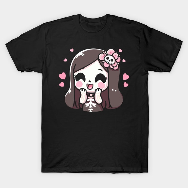 Cute Kawaii Girl in a Skeleton Costume | Kawaii Halloween with Hearts T-Shirt by Nora Liak